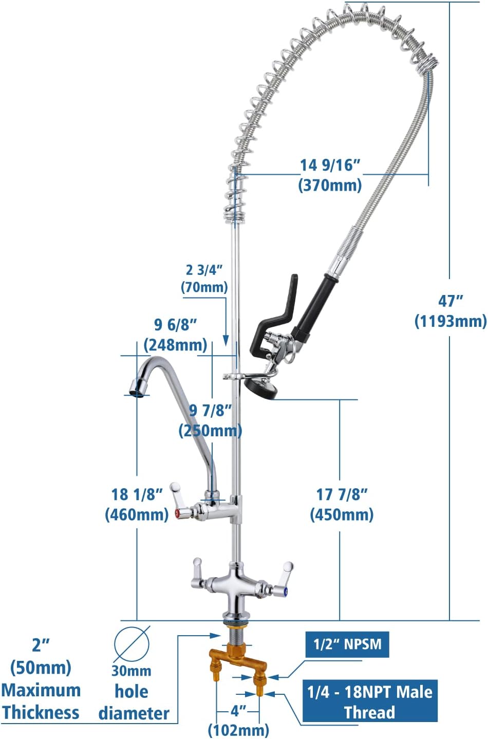 MS Deck Mount Single Hole Double Handle Spray Valve Commercial Dishwasher Pre Rinse Faucet With Pot Filling Add On Spout (MS-5801BL)