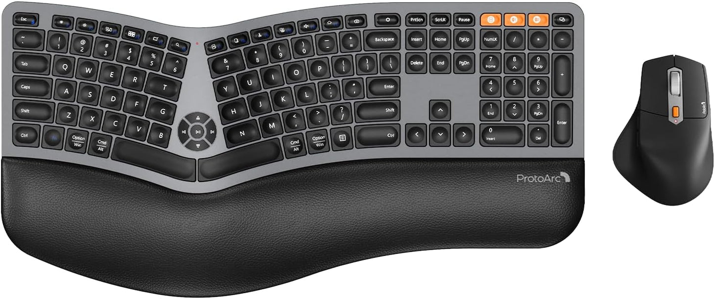 Ergonomic Wireless Keyboard Mouse, ProtoArc EKM01 Plus Full Size Ergo Bluetooth Keyboard Mouse Combo, Split Design, Wrist Rest, Multi-Device, Rechargeable, for Windows/Mac