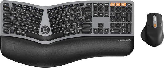 Ergonomic Wireless Keyboard Mouse, ProtoArc EKM01 Plus Full Size Ergo Bluetooth Keyboard Mouse Combo, Split Design, Wrist Rest, Multi-Device, Rechargeable, for Windows/Mac