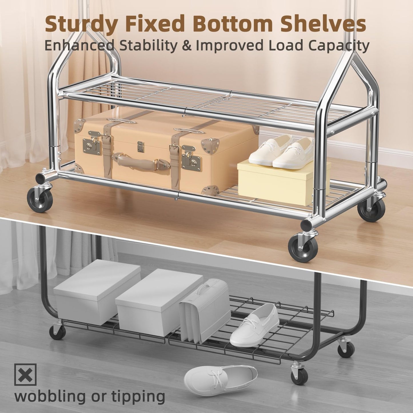 EAGMAK Heavy Duty Clothes Rack Load 556 LBS, Rolling Clothing Rack With Shelves, Height Adjustable Metal Clothes Hanger with Wheels Portable Wardrobe Organizer Garment Rod for Hanging Clothes (Silver)