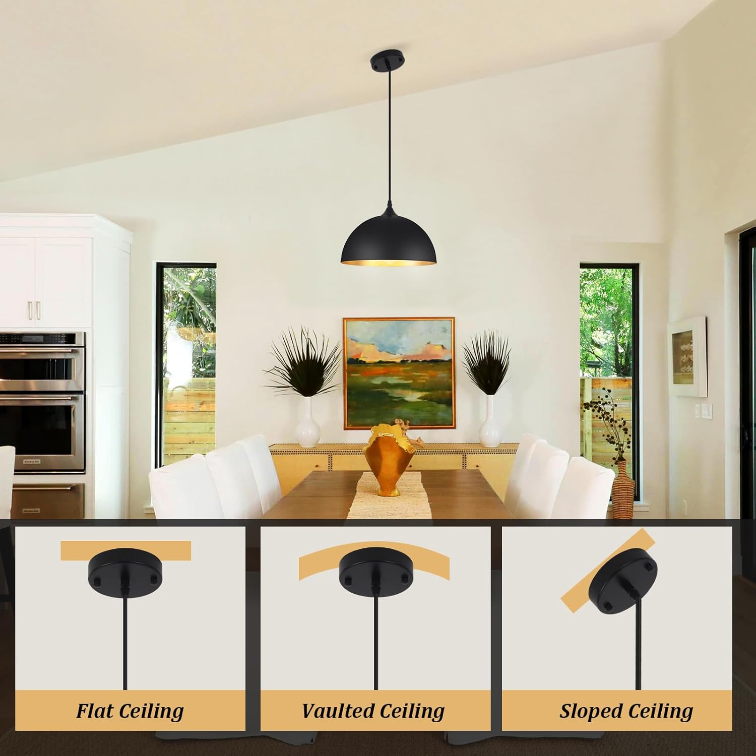 3 Pack Pendant Lights for Kitchen Island Modern Pendant Lighting Fixtures Dome Hanging Vintage Ceiling Light Fixture for Dining Room Living Room Foyer Entryway Bedroom Hallway, E26 Base, Black