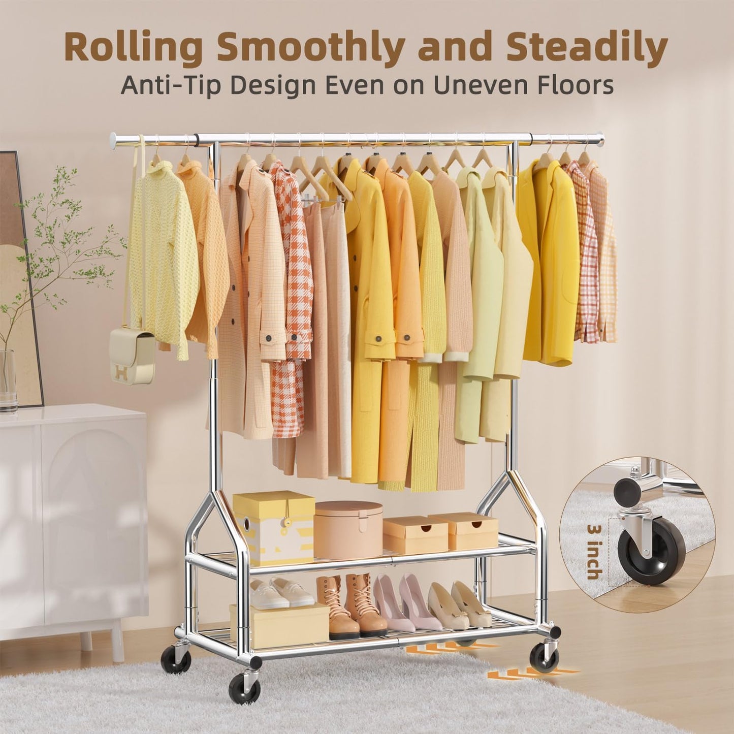 EAGMAK Heavy Duty Clothes Rack Load 556 LBS, Rolling Clothing Rack With Shelves, Height Adjustable Metal Clothes Hanger with Wheels Portable Wardrobe Organizer Garment Rod for Hanging Clothes (Silver)