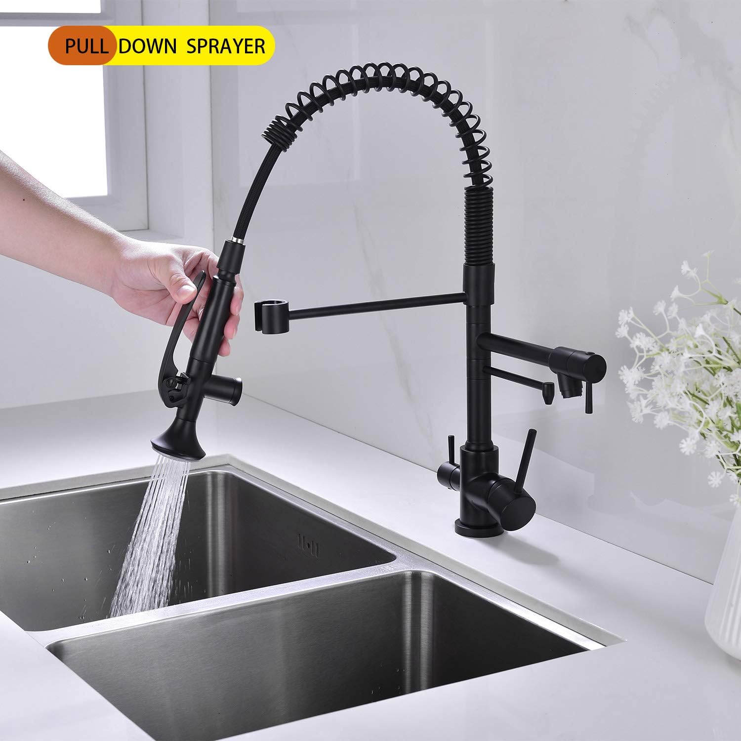 Avola Kitchen Faucet, Drinking Water Kitchen Sink Faucet, Handsfree Design Matte Black Kitchen Faucet with Sprayer, 360 Degree Swivel Pull Down Kitchen Faucet