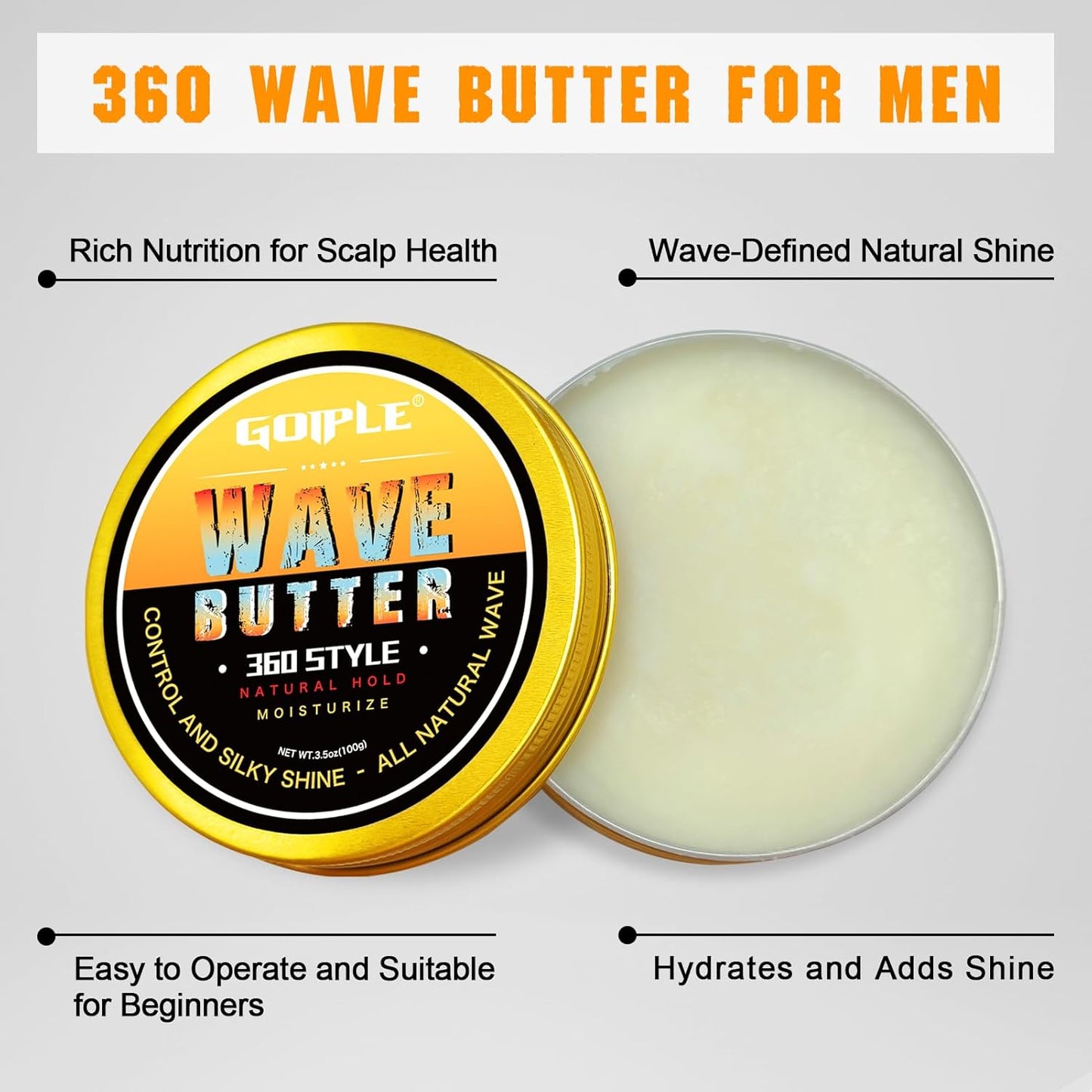 Wave Butter 360 Wave Grease for Men - Wave Butter for Layered Waves, Moisture, Control and Silky Shine - All Natural Wave Cream with Shea Butter and Beeswax for Wolfing (3.5 OZ)