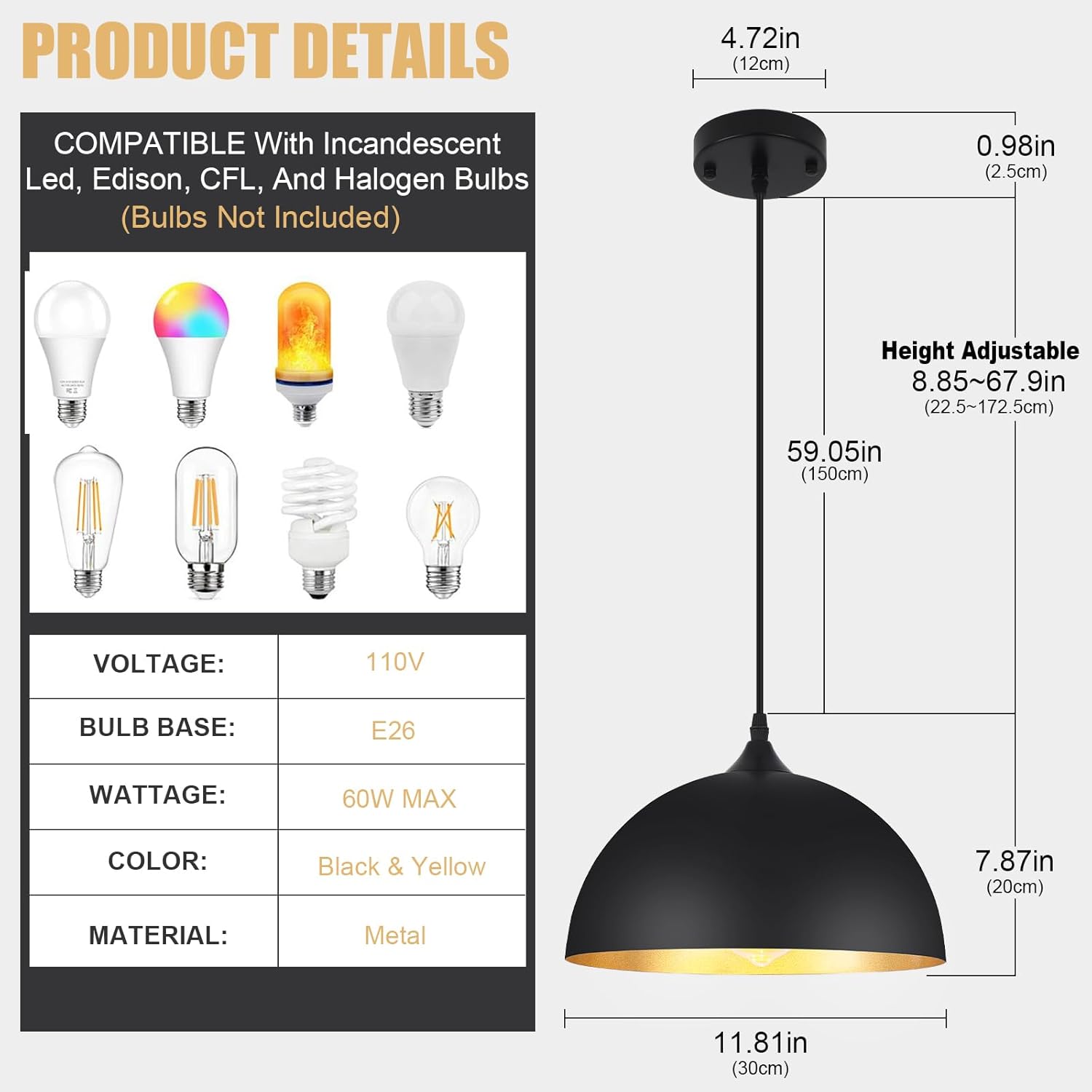 3 Pack Pendant Lights for Kitchen Island Modern Pendant Lighting Fixtures Dome Hanging Vintage Ceiling Light Fixture for Dining Room Living Room Foyer Entryway Bedroom Hallway, E26 Base, Black