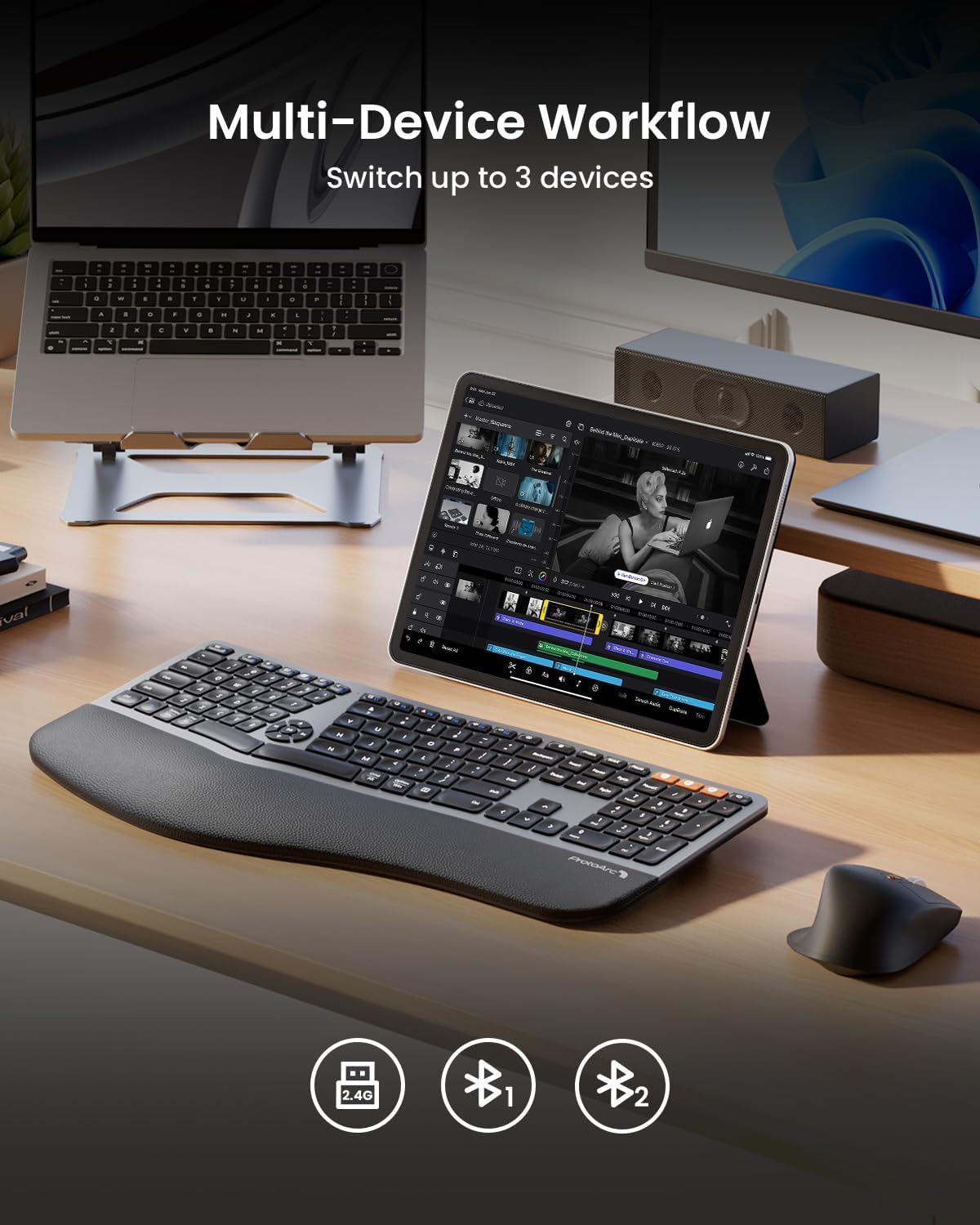 Ergonomic Wireless Keyboard Mouse, ProtoArc EKM01 Plus Full Size Ergo Bluetooth Keyboard Mouse Combo, Split Design, Wrist Rest, Multi-Device, Rechargeable, for Windows/Mac