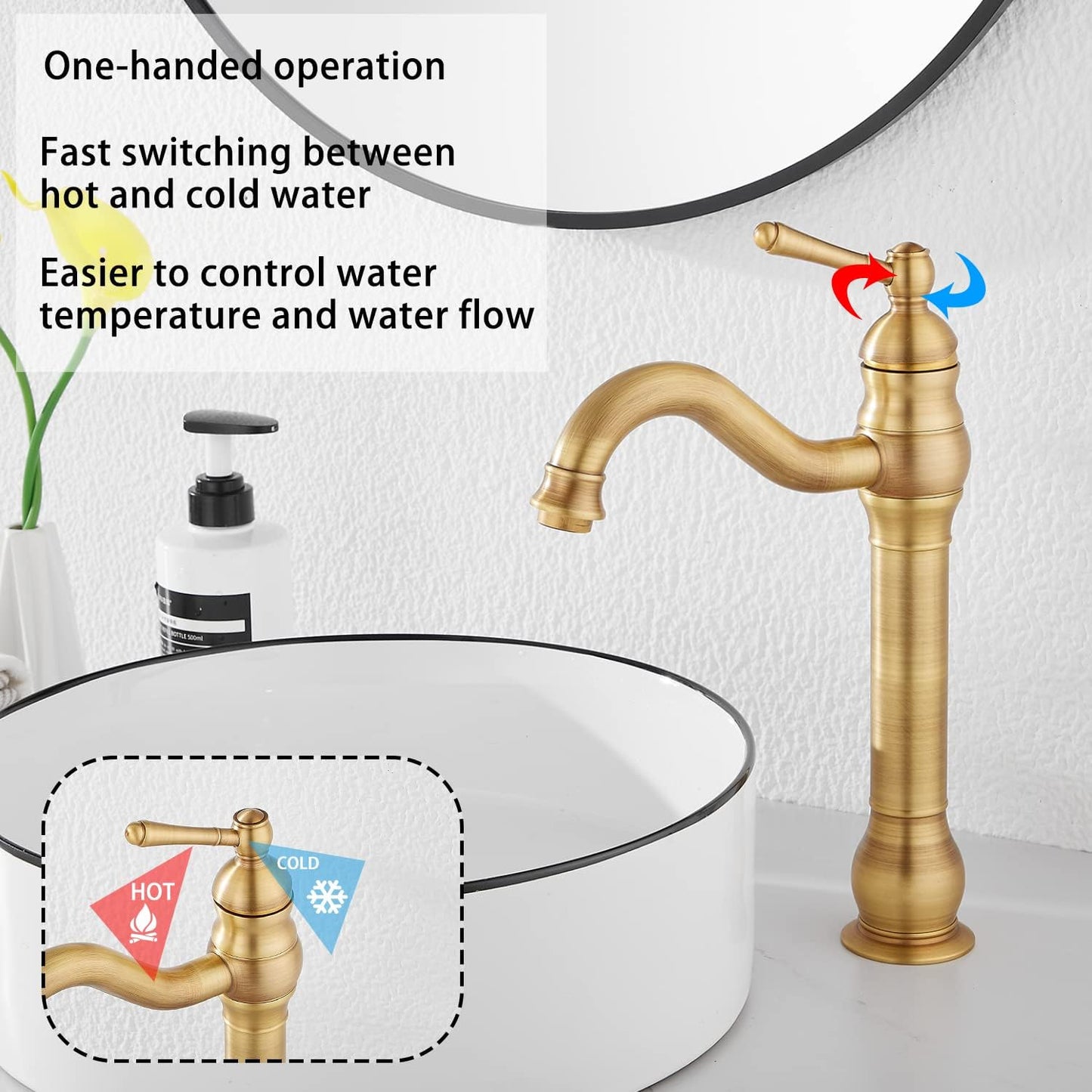 GGStudy Antique Brass Bathroom Sink Faucet Single Handle One Hole Tall Body