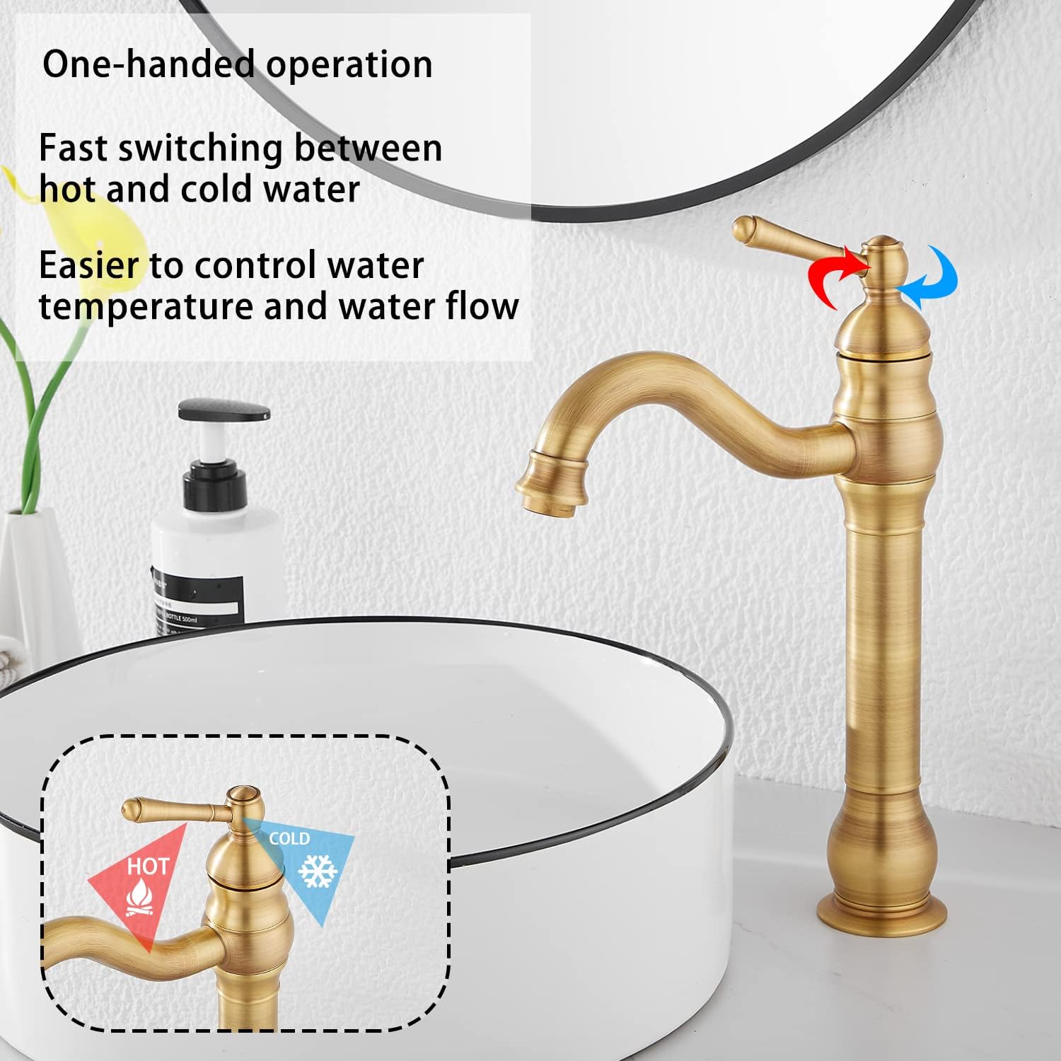 GGStudy Antique Brass Bathroom Sink Faucet Single Handle One Hole Tall Body