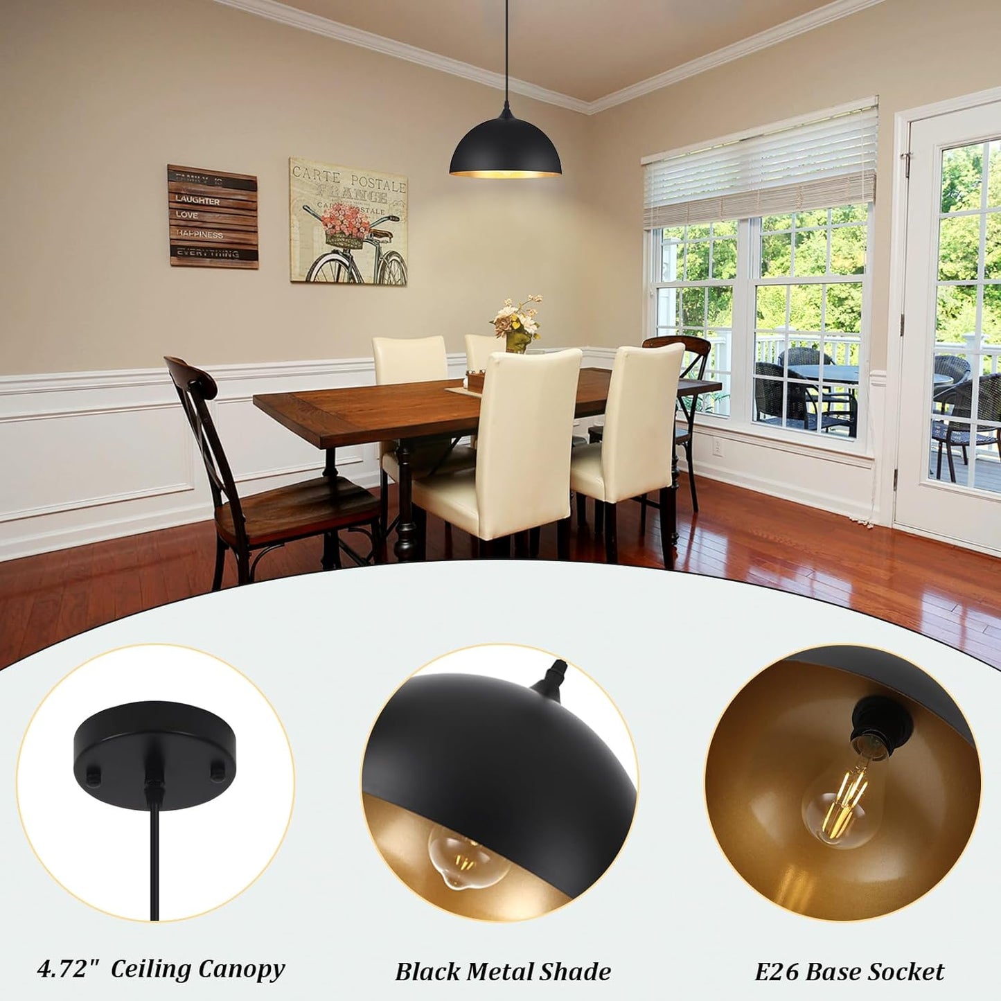 3 Pack Pendant Lights for Kitchen Island Modern Pendant Lighting Fixtures Dome Hanging Vintage Ceiling Light Fixture for Dining Room Living Room Foyer Entryway Bedroom Hallway, E26 Base, Black