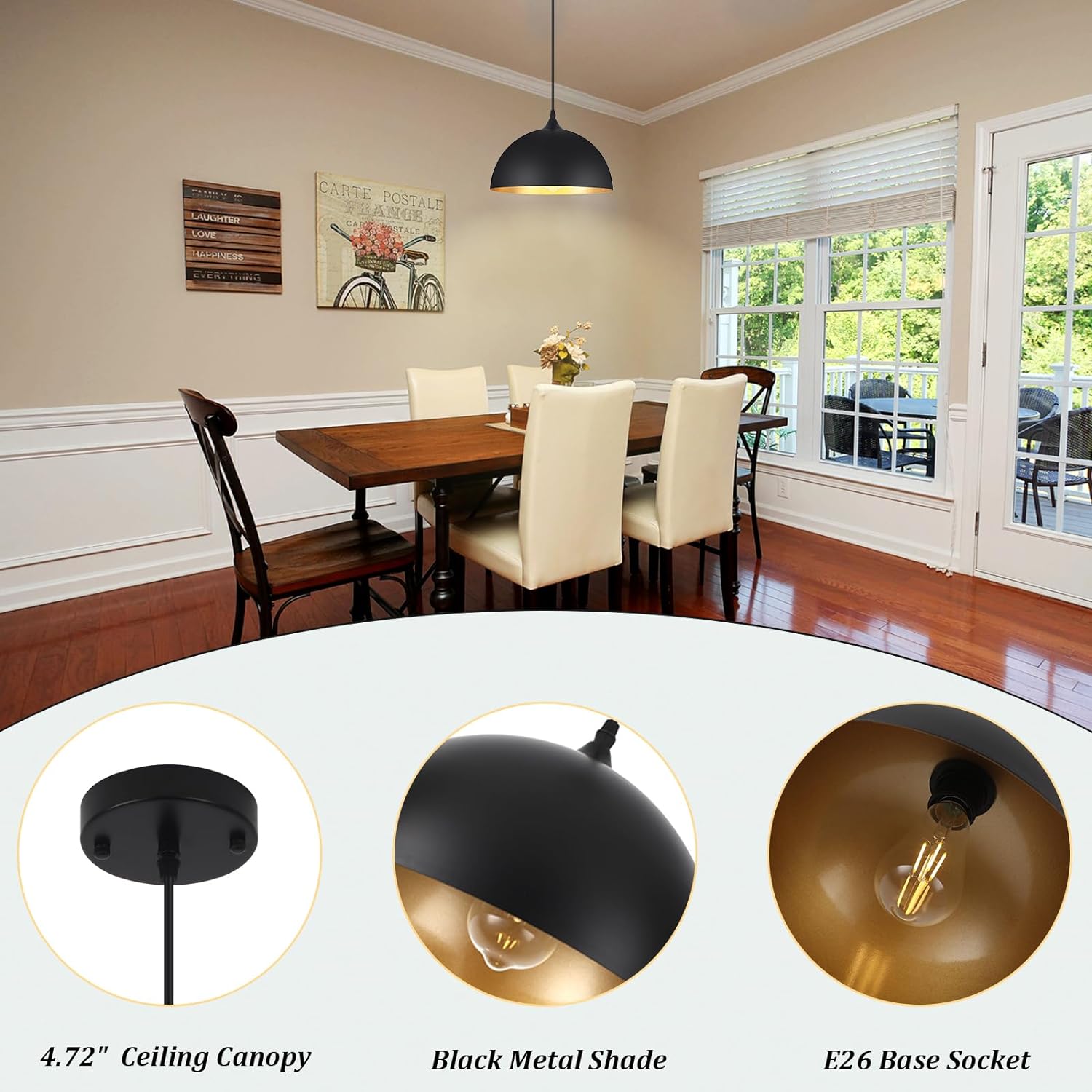 3 Pack Pendant Lights for Kitchen Island Modern Pendant Lighting Fixtures Dome Hanging Vintage Ceiling Light Fixture for Dining Room Living Room Foyer Entryway Bedroom Hallway, E26 Base, Black