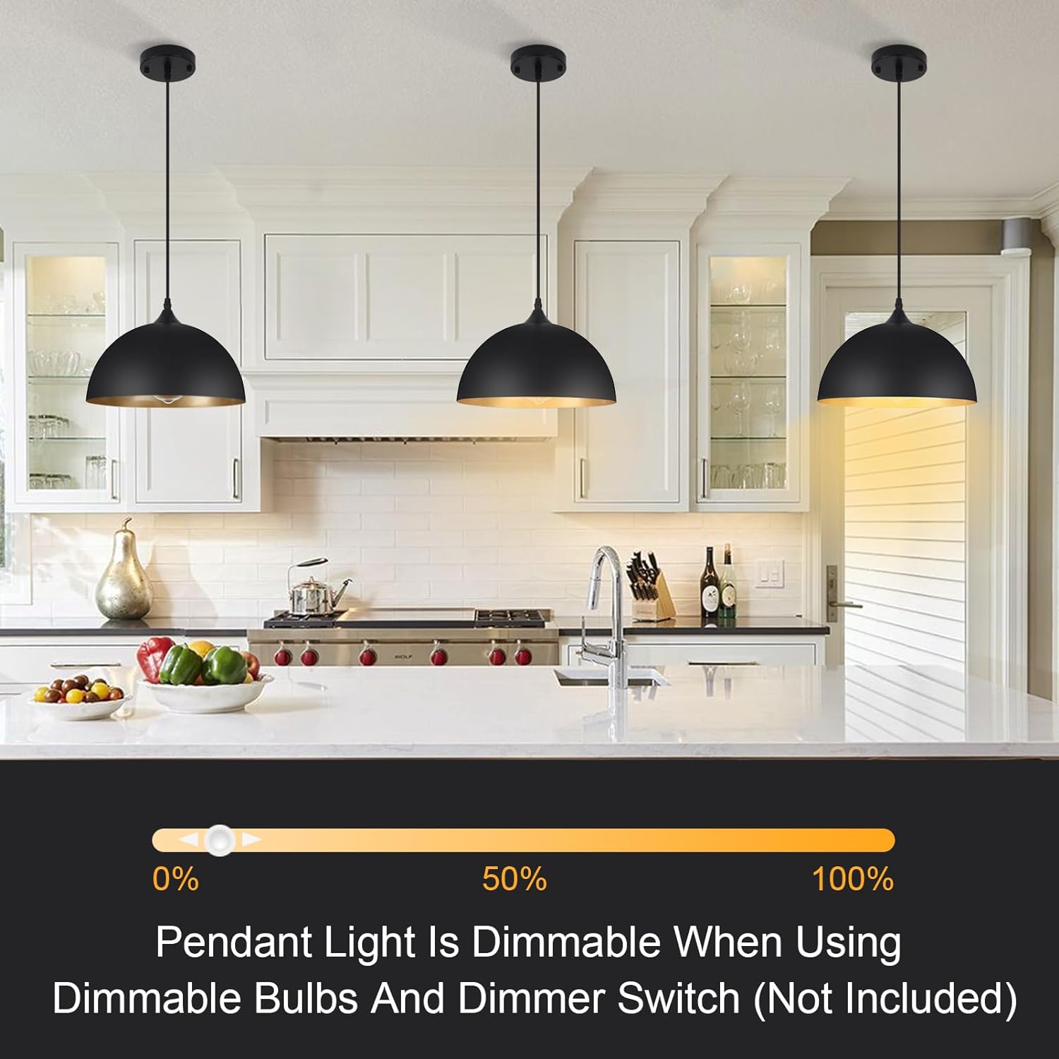 3 Pack Pendant Lights for Kitchen Island Modern Pendant Lighting Fixtures Dome Hanging Vintage Ceiling Light Fixture for Dining Room Living Room Foyer Entryway Bedroom Hallway, E26 Base, Black