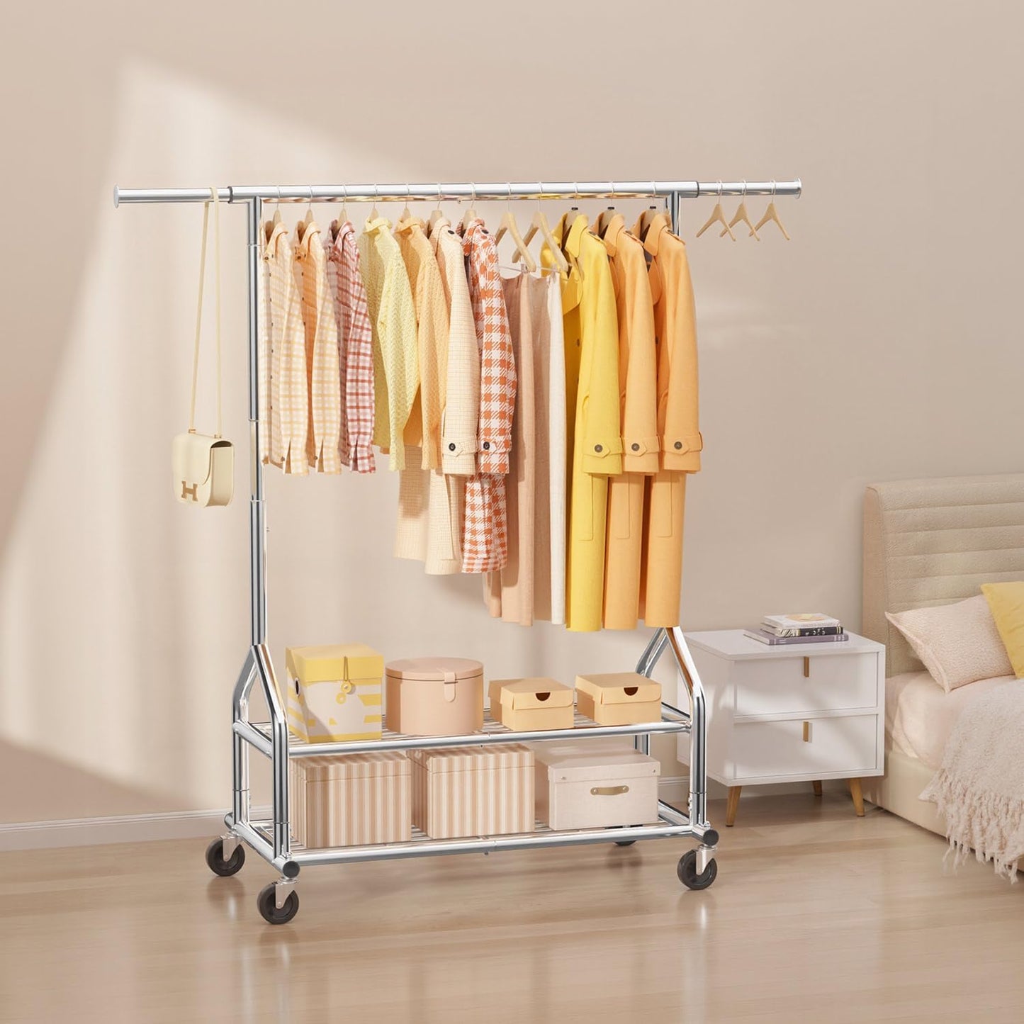 EAGMAK Heavy Duty Clothes Rack Load 556 LBS, Rolling Clothing Rack With Shelves, Height Adjustable Metal Clothes Hanger with Wheels Portable Wardrobe Organizer Garment Rod for Hanging Clothes (Silver)