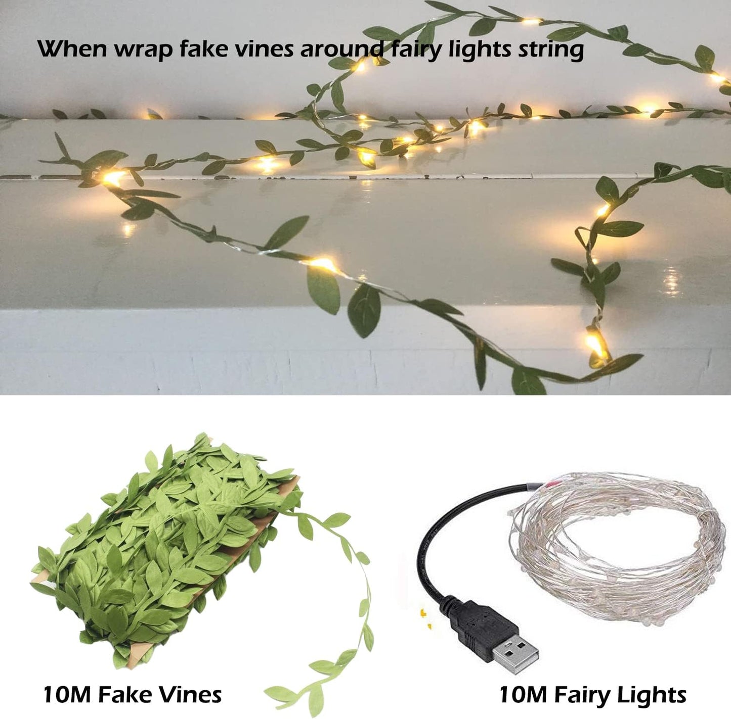 EShing Fairy Lights with Vines, USB Powered 33ft 100LED String Lights with 33ft Artificial Green Leaf Garland for Wall DIY Craft Party Wedding Home Decor (Warm)