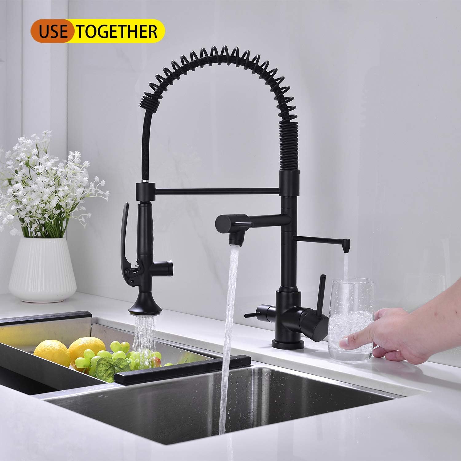 Avola Kitchen Faucet, Drinking Water Kitchen Sink Faucet, Handsfree Design Matte Black Kitchen Faucet with Sprayer, 360 Degree Swivel Pull Down Kitchen Faucet