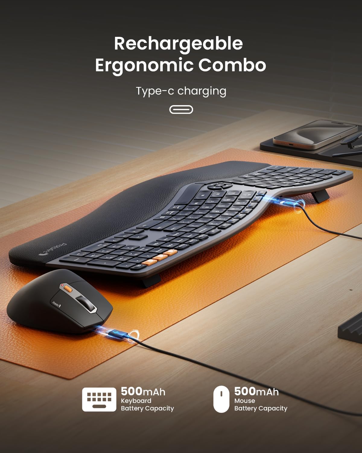 Ergonomic Wireless Keyboard Mouse, ProtoArc EKM01 Plus Full Size Ergo Bluetooth Keyboard Mouse Combo, Split Design, Wrist Rest, Multi-Device, Rechargeable, for Windows/Mac