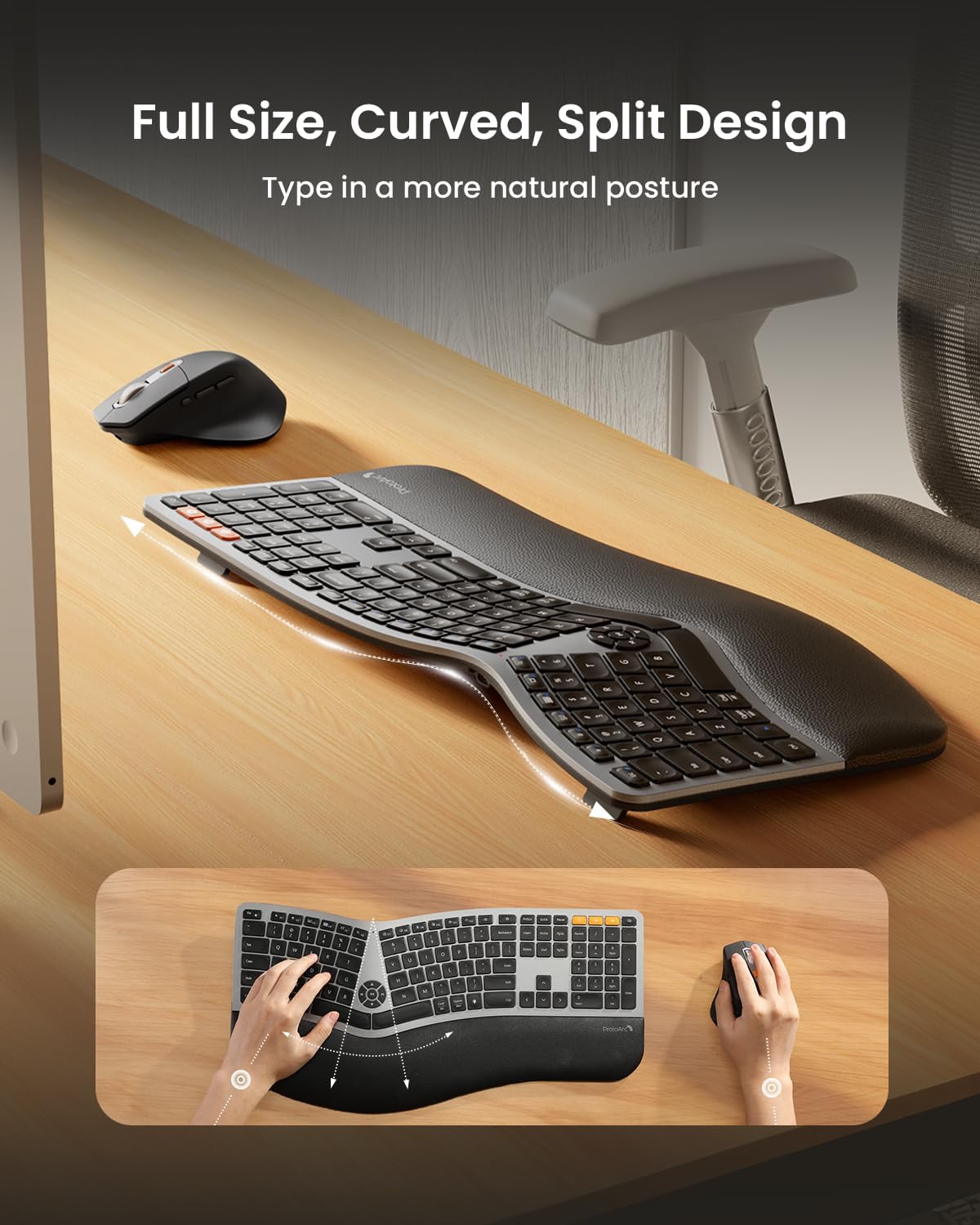 Ergonomic Wireless Keyboard Mouse, ProtoArc EKM01 Plus Full Size Ergo Bluetooth Keyboard Mouse Combo, Split Design, Wrist Rest, Multi-Device, Rechargeable, for Windows/Mac