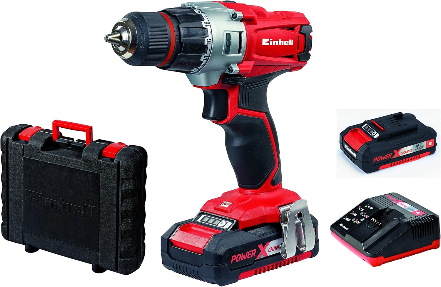 Einhell TE-CD 18/2 Li Cordless Drill Power X-Change Kit (Li-ion, 18V, Torque 44Nm) Comes with 2 Batteries 1.5Ah and Charger